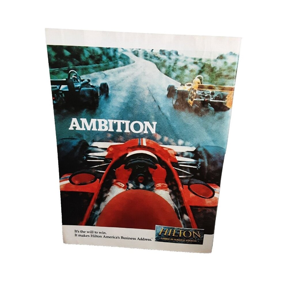 1985 Hilton Americas Business Address Racing Theme Original Print Ad vintage 80s